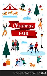 Christmas fair. Winter holiday poster, snow festival and xmas celebration. 2020 outdoor fair flyer or announcement banner, New Year market event invitation card vector illustration. Christmas fair. Winter holiday poster, snow festival and xmas celebration vector illustration