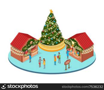 Christmas fair, winter holidays market with people vector. Spruce decorated with garlands and baubles, decorative toys, souvenirs stalls at streets. Christmas Fair, Winter Holidays Market with People