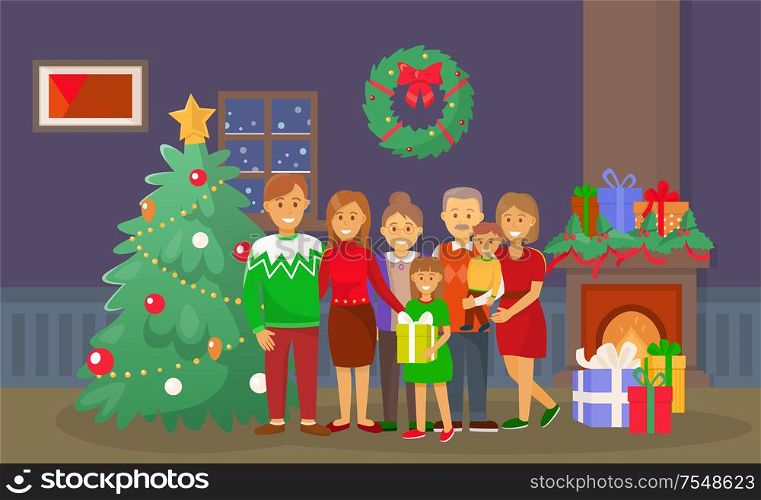Christmas family at home, people by pine tree vector. Fireplace and fir, wreath with bow decoration of interior, mother and father, presents and gifts. Christmas Family at Home, People by Pine Tree