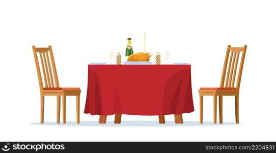 Christmas Family Dinner Table. Christmas food on the table. Cuisine or dishes. Perfect for New Year and Christmas greeting card, invitation, banner poster. Vector illustration in flat style. Christmas Family Dinner Table