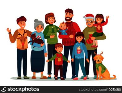 Christmas family portrait. Happy xmas holiday people, big family in ugly sweaters. Holiday greeting card, character together for new year gift poster isolated cartoon vector illustration. Christmas family portrait. Happy xmas holiday people, big family in ugly sweaters cartoon vector illustration