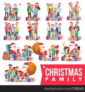 Christmas Family Portrait Set Vector. Full Happy Family. Traditional Event. Santa Hats. Merry Christmas, Happy New Year. Gifts. Parents, Grandparents, Children Greeting Postcard Illustration. Christmas Family Portrait Set Vector. Full Happy Family. Traditional Event. Santa Hats. Merry Christmas, Happy New Year. Gifts. Parents, Grandparents, Children. Greeting, Postcard Design. Illustration