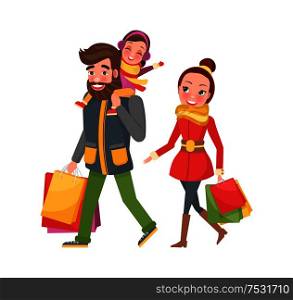 Christmas family shopping day. Woman in red overcoat with yellow scarf and man in jacket and green trousers with child sitting on shoulders vector. Christmas Shopping Happy Family with Packet Vector