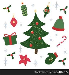 Christmas fancy attributes in green and red colors. Christmas festive set. Hand drawn elements. Vector art
