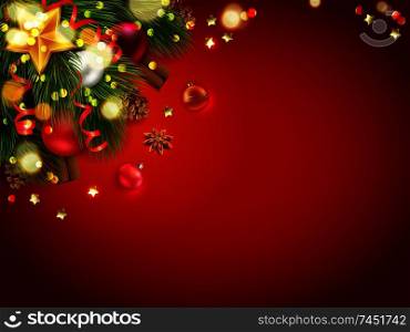 Christmas festive composition with red background and empty place for text with needles and christmas balls vector illustration