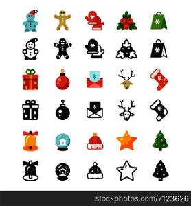 Christmas festive flat icons and silhouette icons isolated on white background. Christmas holiday icons collection, star and deer, bell and envelope. Vector illustration. Christmas festive flat icons and silhouette icons isolated on white background