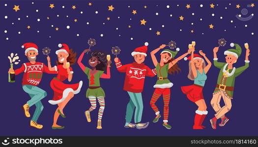 Christmas festive people. Fun woman man, young friends dance on new year party. Happy person with drinks sparklers celebrate xmas vector set. Illustration christmas celebration, happy fun party. Christmas festive people. Fun woman man, young friends dance on new year party. Happy person with drinks sparklers celebrate xmas vector set