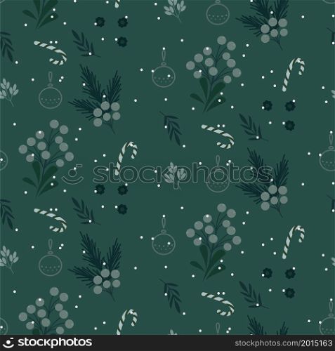 Christmas festive seamless pattern with green leaves, candy sticks, snow and berries background design.. Christmas festive seamless pattern with green leaves, candy sticks, snow and berries background design