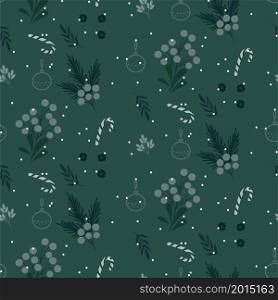 Christmas festive seamless pattern with green leaves, candy sticks, snow and berries background design.. Christmas festive seamless pattern with green leaves, candy sticks, snow and berries background design