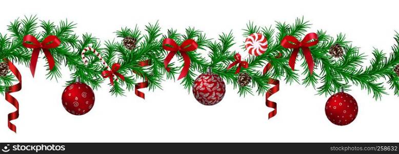 Christmas fir border with hanging garland, fir branches, red and silver baubles, pine cones and other ornaments, isolated