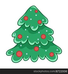 Christmas fir tree cartoon clip art. Lush traditional decorated tree. Green pine tree with balls isolated vector illustration. Christmas fir tree cartoon clip art