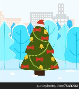 Christmas fir tree with festive garlands on it. Spruce decorated with bows and bells. Traditional winter holiday decor. Cityscape with trees and buildings on background. Vector illustration in flat. Christmas Fir Tree in Park, Winter Holiday Decor