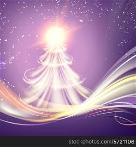 Christmas fir-tree with sparks and glow waves over bright backgriund. Vector illustration.