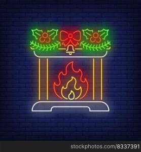 Christmas fireplace in neon style. Fire, comfort, Christmas. Night bright advertisement. Vector illustration in neon style for poster, banner