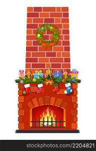 Christmas fireplace isolated on a white background. fireplace with socks, candle balls gifts and wreath. Happy new year decoration. Merry christmas holiday. Vector illustration flat style. Christmas fireplace isolated on a white background