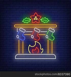 Christmas fireplace neon sign. Fire, comfort, Christmas. Night bright advertisement. Vector illustration in neon style for poster, banner