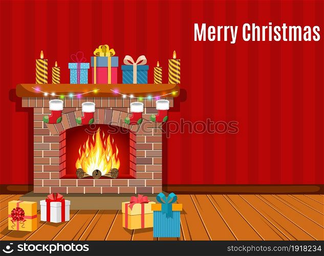 Christmas fireplace room interior Christmas gifts, vector illustration in flat style.. Christmas fireplace room interior