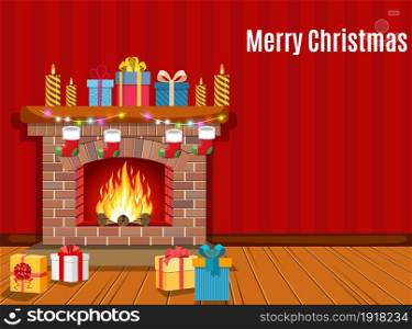 Christmas fireplace room interior Christmas gifts, vector illustration in flat style.. Christmas fireplace room interior