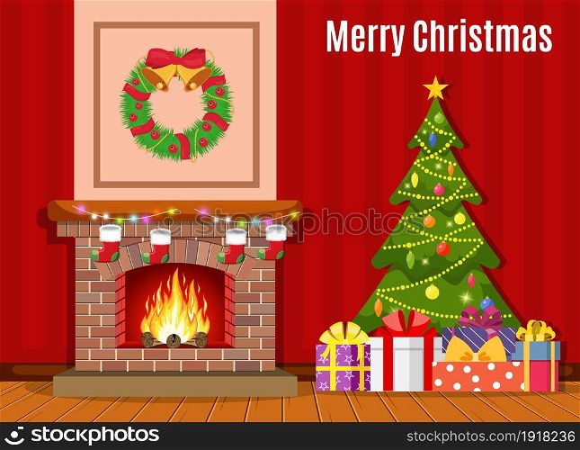 Christmas fireplace room interior. Christmas tree, gifts, decoration. Cozy noel xmas night celebration interior vvector illustration in flat style.. Christmas fireplace room interior