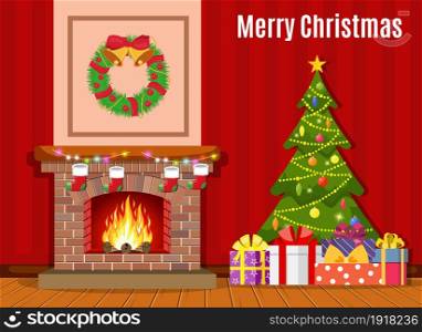 Christmas fireplace room interior. Christmas tree, gifts, decoration. Cozy noel xmas night celebration interior vvector illustration in flat style.. Christmas fireplace room interior