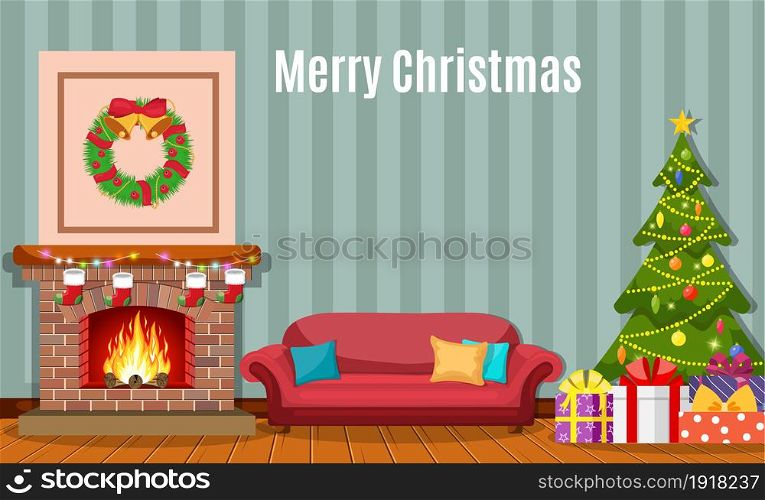 Christmas fireplace room interior. Christmas tree, gifts, decoration, sofa, fireplace. Cozy noel xmas night celebration interior vector illustration in flat style.. Christmas fireplace room interior