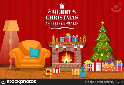 Christmas fireplace room interior. Christmas tree, gifts, decoration, sofa, fireplace. Cozy noel xmas night celebration interior vector illustration in flat style.. Christmas fireplace room interior