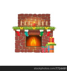 Christmas fireplace with candles and gift socks for Santa presents, vector. Merry Christmas holiday and Happy New Year winter celebration fireplace with chimney, eve candles and stockings. Christmas fireplace, candles and Santa gift socks