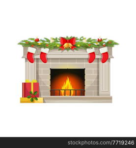 Christmas fireplace with socks for gifts on chimney, vector Xmas holiday fire. Christmas tree decorations, holly and candles with golden bell on ribbon, Santa presents stockings and snow on fireplace. Christmas fireplace and socks for gifts on chimney