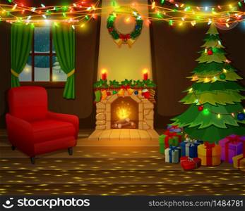 Christmas fireplace with xmas tree, presents and armchair