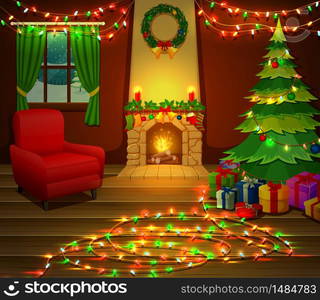 Christmas fireplace with Xmas tree, presents and armchair