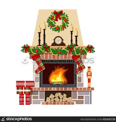 Christmas fireplace. Xmas decoreated room. Flaming Christmas fireplace. Xmas decoration, flat vector illustration. Cozy room at new year eve with clock, gifts, candlesticks. For postcards, greetings, prints, textile, web background banner