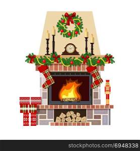 Christmas fireplace. Xmas decoreated room. Flaming Christmas fireplace. Xmas decoration, flat vector illustration. Cozy room at new year eve with clock, gifts, candlesticks. For postcards, greetings, prints, textile, web background banner