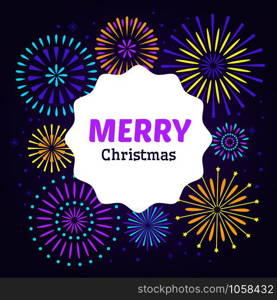 Christmas firework poster. Merry xmas holiday 2019 celebration fireworks. Congratulations party festival sparklers firework carnival explosion. Firecracker vector background. Christmas firework poster. Merry xmas holiday 2019 celebration fireworks. Vector background