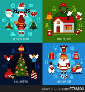 Christmas flat concept with happy holidays at home, xmas tree, gifts and festive decorations isolated vector illustration  . Christmas Flat Concept
