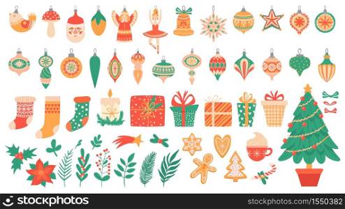 Christmas flat elements. Festive trees with toys and garlands, gingerbread, xmas socks and gift box colorful New Year vector decoration. Plants holly berry fir tree branch. Candy cane, hot chocolate. Christmas flat elements. Festive trees with toys and garlands, gingerbread, xmas socks and gift box colorful New Year vector decoration