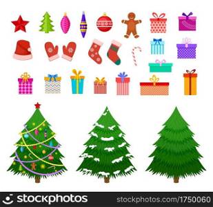 Christmas flat elements. Santa hat, gift boxes and xmas socks. Christmas trees with toys and gingerbread isolated flat vector set. Christmas gift and hat, xmas tree illustration. Christmas flat elements. Santa hat, gift boxes and xmas socks. Christmas trees with toys and gingerbread isolated flat vector set