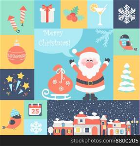 Christmas flat icons set with Santa and Gifts. Vector illustration.. Christmas flat icons set.