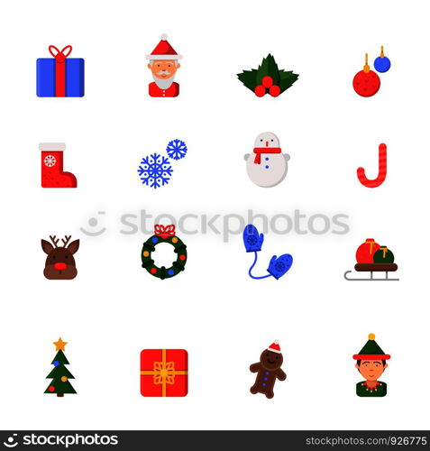 Christmas flat icons. Winter celebration vector symbols santa boots candles snowman bells and christmas tree isolated. Illustration of candy and snow, reindeer and snowflake. Christmas flat icons. Winter celebration vector symbols santa boots candles snowman bells and christmas tree isolated