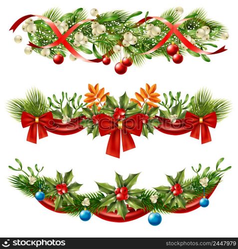 Christmas flat set of beautiful wall decorations with berries branches and ribbons isolated on white background vector illustration. Christmas Berry Branches Decoration Set