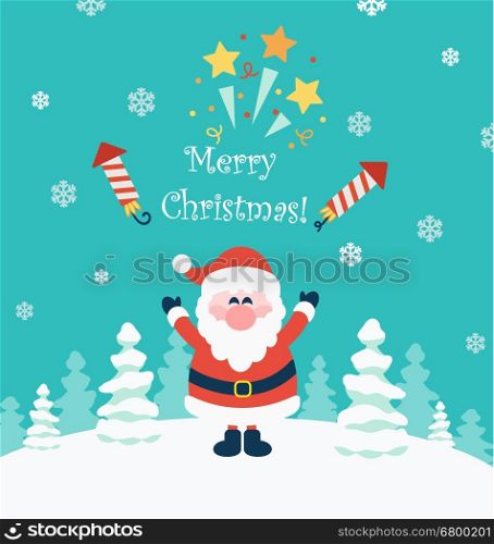 Christmas flat vector illustration.Snow landscape background with christmas trees and santa.. Merry Christmas from Santa.