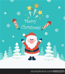 Christmas flat vector illustration.Snow landscape background with christmas trees and santa.. Merry Christmas from Santa.