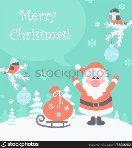 Christmas flat vector illustration.Snow landscape background with christmas trees and santa and gifts.. Santa with Gifts messaging Merry Christmas.