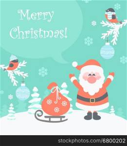 Christmas flat vector illustration.Snow landscape background with christmas trees and santa and gifts.. Santa with Gifts messaging Merry Christmas.