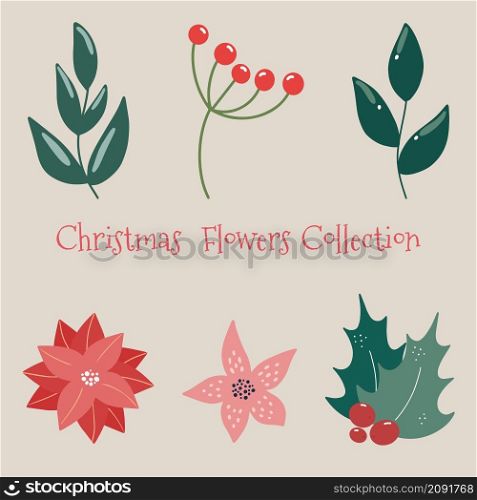 Christmas floral collection with winter decorative plants and flowers. Cute hand drawn in Scandinavian style. Illustration of winter berries and branches of a Christmas tree.. Christmas floral collection with winter decorative plants and flowers. Cute hand drawn in Scandinavian style.
