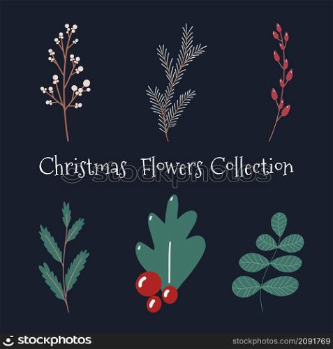 Christmas floral collection with winter decorative plants and flowers. Cute hand drawn in Scandinavian style. Illustration of winter berries and branches of a Christmas tree.. Christmas floral collection with winter decorative plants and flowers. Cute hand drawn in Scandinavian style.