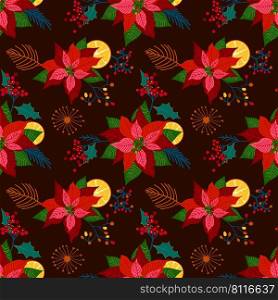 Christmas floral pattern, red poinsettia flower, leaves and orange slice fruit. Merry Christmas, happy new year, winter seamless pattern