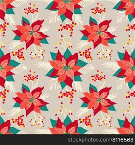 Christmas floral pattern, red poinsettia flower, leaves.  Merry Christmas, happy new year, winter seamless pattern. Floral decorative background