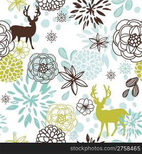 Christmas floral seamless pattern with deers and birds