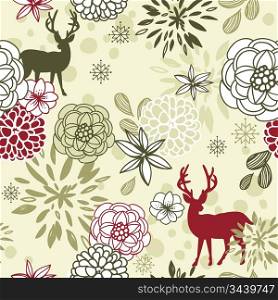Christmas floral seamless pattern with deers and birds