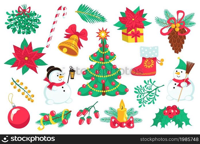 Christmas flowers. Floral holiday elements. Poinsettia and mistletoe sprig. Isolated bouquet with berries. New Year symbols. Spruce branches. Snowman and candles. Vector winter celebration signs set. Christmas flowers. Floral holiday elements. Poinsettia and mistletoe sprig. Bouquet with berries. New Year symbols. Spruce branches. Snowman and candles. Vector celebration signs set